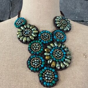 Statement Teal & Olive Beaded Flower Necklace - Women Jewelry